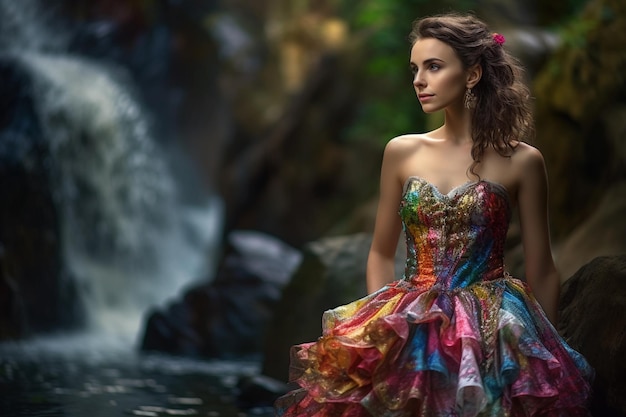 A woman in a colorful dress stands in front of a waterfall.