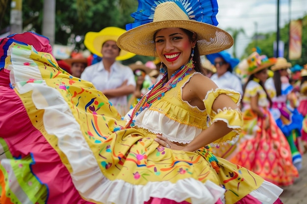 a woman in a colorful dress with a blue hat on