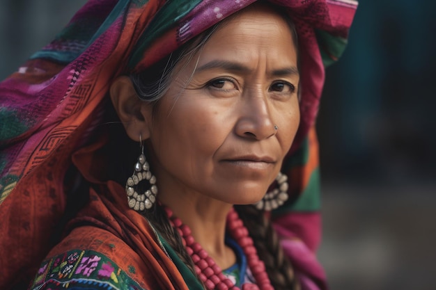 A woman in a colorful dress with a colorful scarf and earrings stands in front