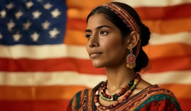 Photo a woman in a colorful dress with a flag behind her