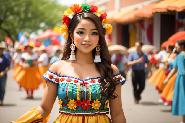 a woman in a colorful dress with flowers on her head and the word do not on it