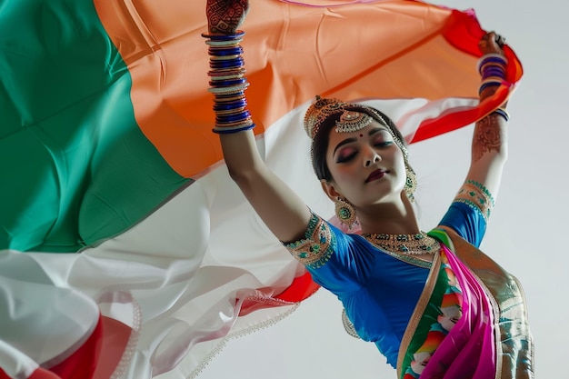 a woman in a colorful outfit is holding a flag