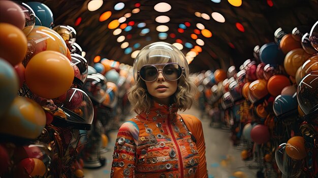 Photo a woman in a colorful outfit stands in a tunnel with many orange balls