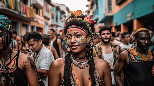 A woman in a colorful outfit walks down a street in rio de janeiro