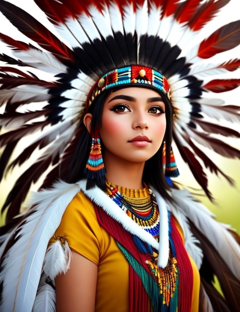 A woman in a colorful outfit with feathers and feathers.