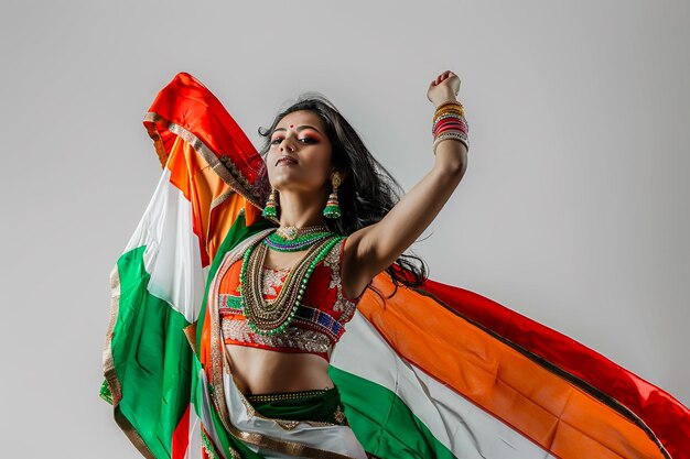 a woman in a colorful outfit with the flag in the background