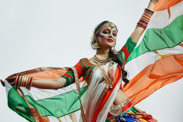 a woman in a colorful outfit with the flag behind her