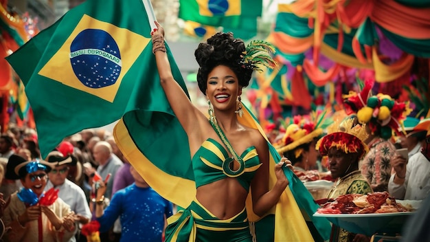 a woman in a colorful outfit with a flag that says  the word  on it