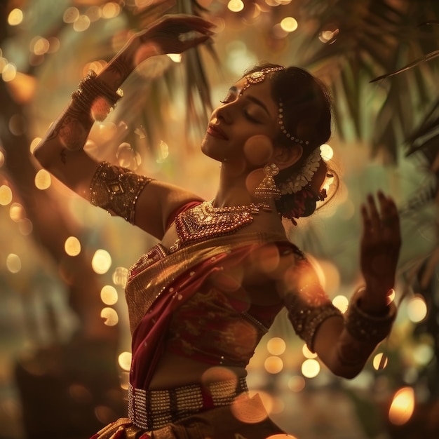 a woman in a colorful outfit with lights behind her