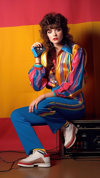 Photo a woman in a colorful outfit with the word hippie on the bottom.