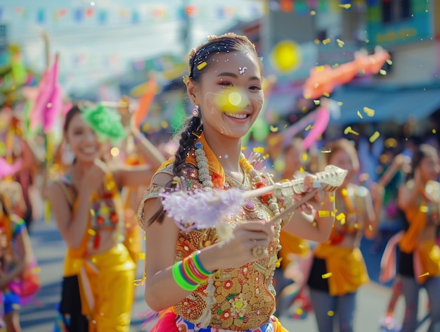 a woman in a colorful outfit with the word  i love you  on the bottom