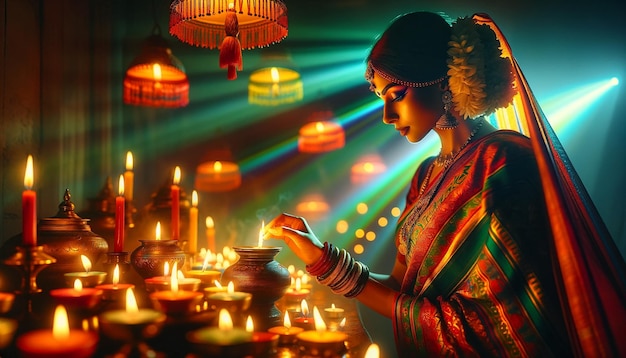 a woman in a colorful sari is lighting up a candle