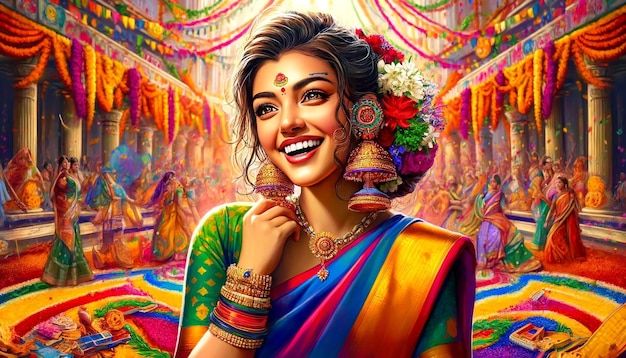 a woman in a colorful sari with a smile on her face