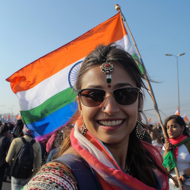 Photo a woman in a colorful scarf is holding a flag