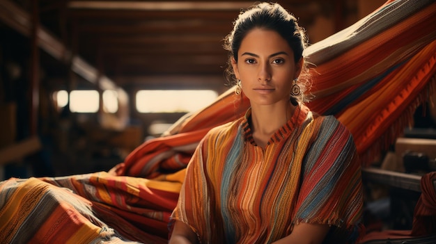 Woman in Colorful Shawl Looking at the Camera