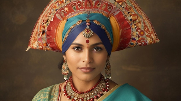 a woman in a colorful turban with a colorful headdress