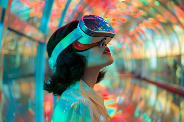 Photo woman in colorful vr glasses using virtual reali