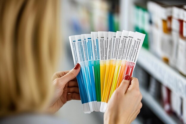 Photo woman comparing nutrition facts on food packages