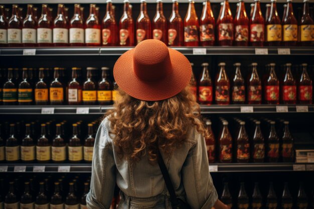 Woman comparing products in a supermarket aisle while shopping for groceries and making selections