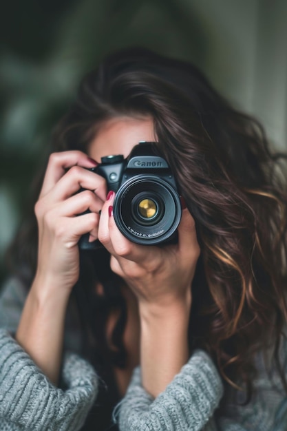 A woman confidently holds a camera up to her face as she prepares to capture a moment