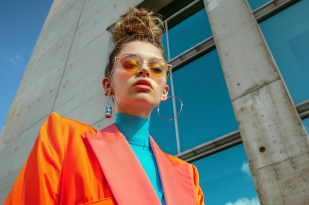 Photo a woman confidently poses in a bright orange suit and stylish sunglasses exuding a vibrant and fashionable aura experiment with bold colors and statement pieces ai generated