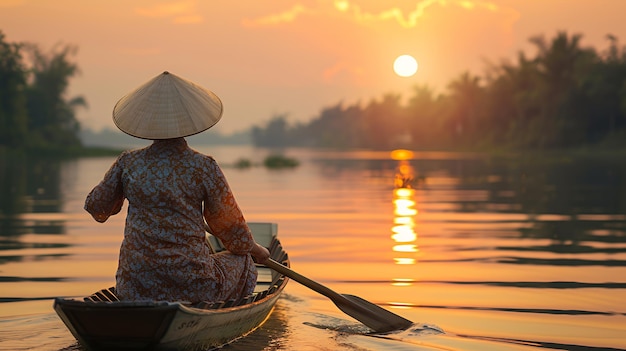 Woman in a conical hat rows a boat across a lake at sunset