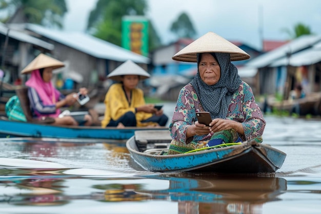 a woman in a conical hat sitting on a boat