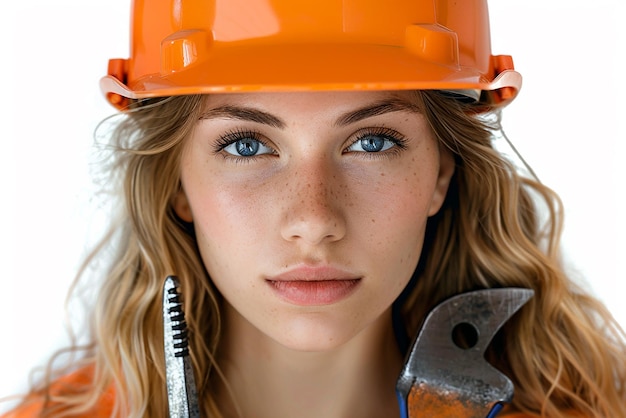 Woman in Construction Helmet with Tools Realistic Portrait on White Background