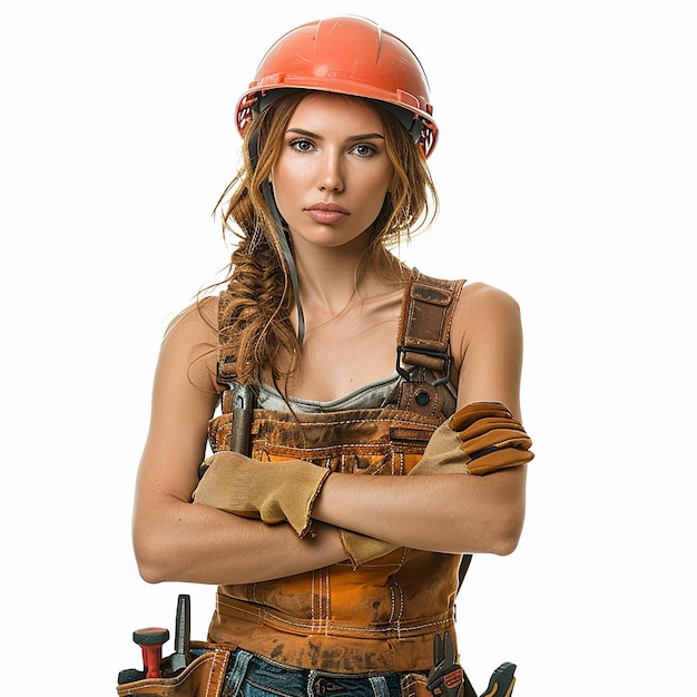 Woman in Construction Helmet with Tools Realistic Portrait on White Background