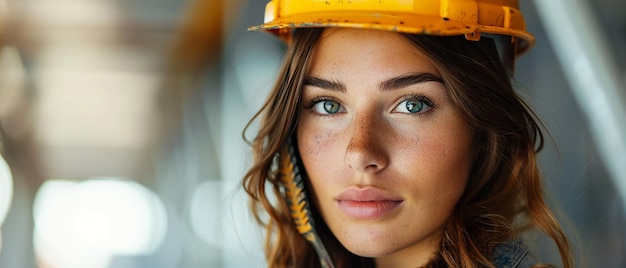 Woman in Construction Helmet with Tools Realistic Portrait on White Background