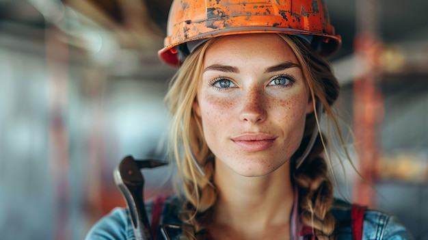 Woman in Construction Helmet with Tools Realistic Portrait on White Background