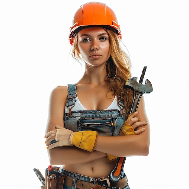 Woman in Construction Helmet with Tools Realistic Portrait on White Background