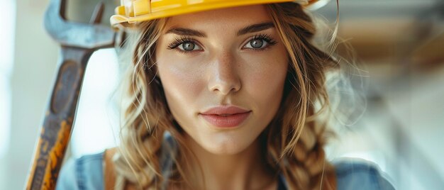 Woman in Construction Helmet with Tools Realistic Portrait on White Background