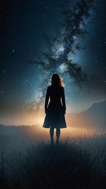 Woman Contemplating Starlit Sky on Wooden Platform in Winter Night