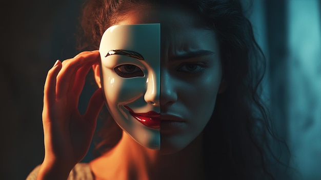 Photo woman contrasts emotions with a mask and anger