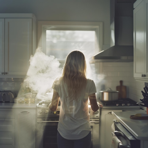 A woman cooking in a bright kitchen with fresh ingredients