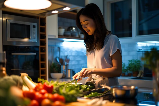 Woman Cooking Dinner in Kitchen