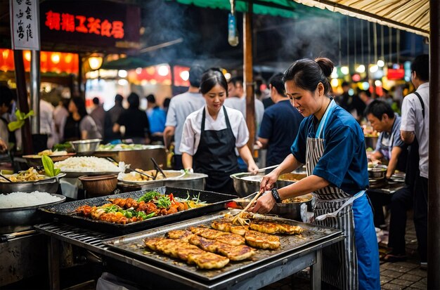 a woman cooking food in front of a restaurant with a sign that says sushi