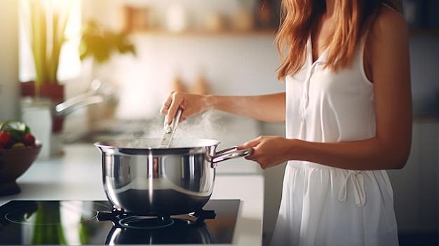 a woman cooking food in a pot