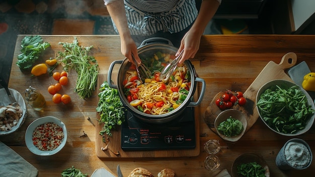 Photo a woman cooking food with a pan of pasta and vegetables