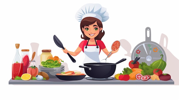 Woman cooking at home girl at kitchen vector of girl