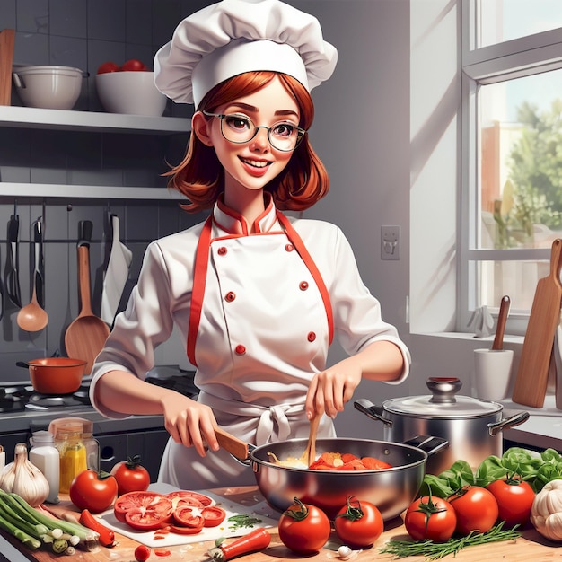 a woman cooking in a kitchen with a cookbook on the table