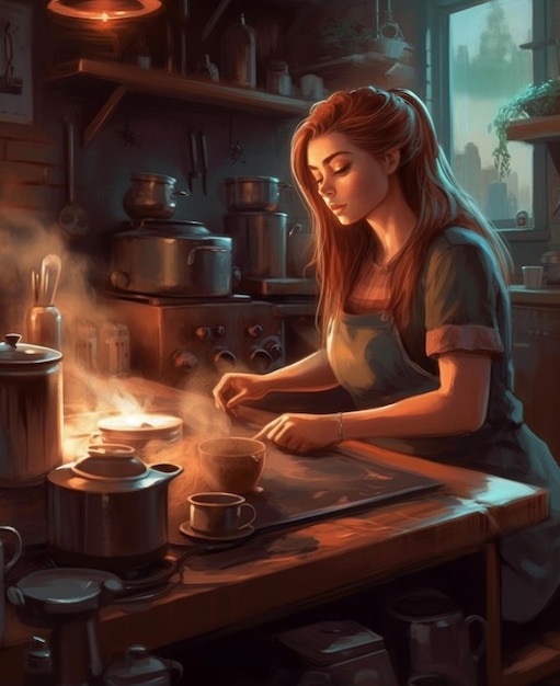 A woman cooking in a kitchen.