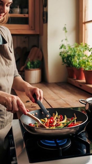 Woman cooking vegetables on pan