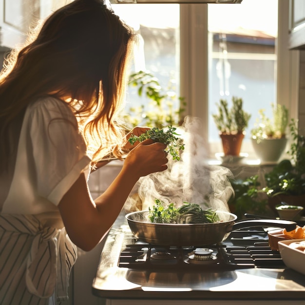 Woman cooking with fresh herbs in a sunlit kitchen