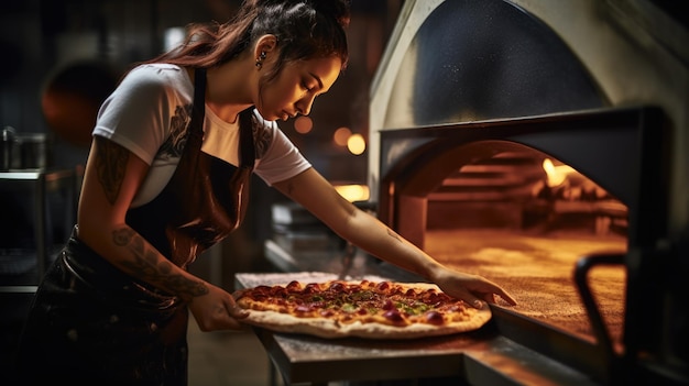 Woman cooks pizza in the oven