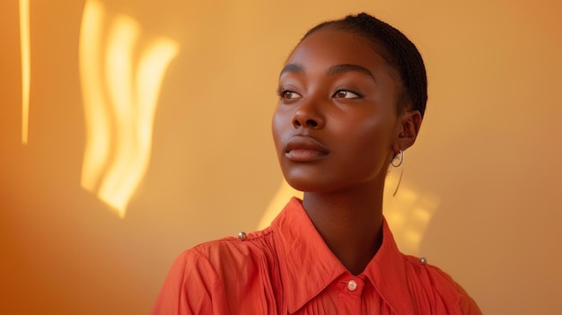 Woman in a coralcolored blouse against a cream backdrop