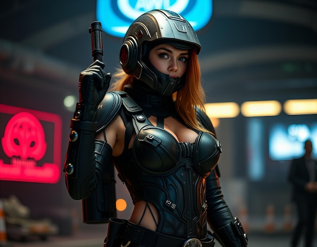 a woman in a cosplay costume holds a gun