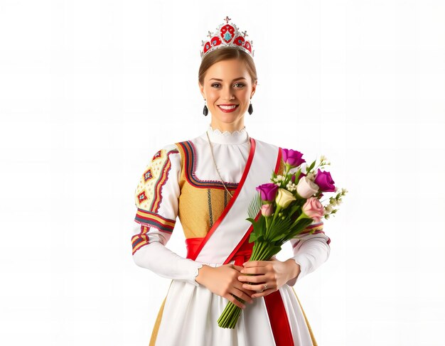 Photo a woman in a costume holding a bouquet of flowers