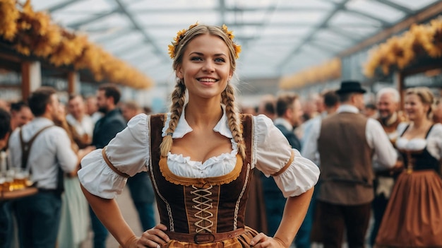 Photo a woman in a costume stands in front of a crowd of people